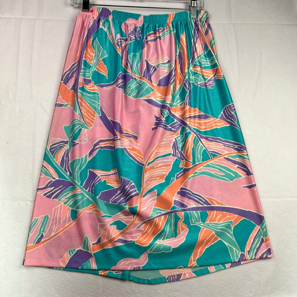 Stewart Vintage Tropical Leaf Print Faux Wrap Midi Skirt Pink Turquoise Med - Picture 5 of 11